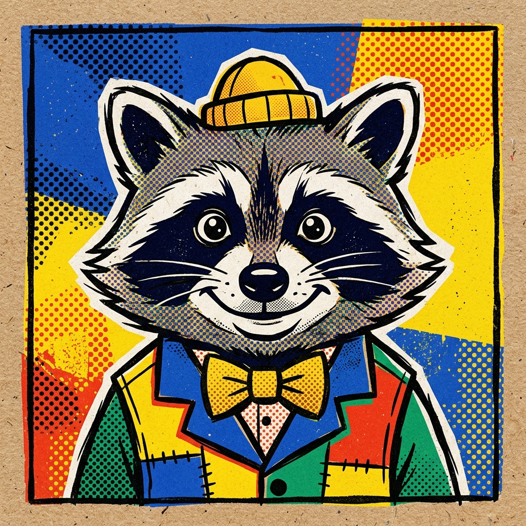 Pop-art raccoon portrait representing Samuel Ashurov